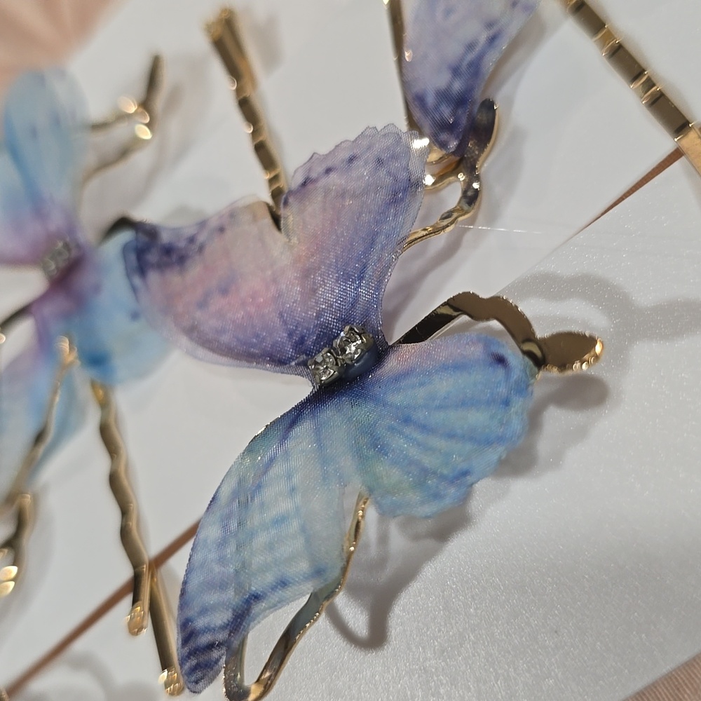 ENCHANTÈ  3 Dimentional, Embellished, Chiffon Butterfly Hairpins in Violet Blue